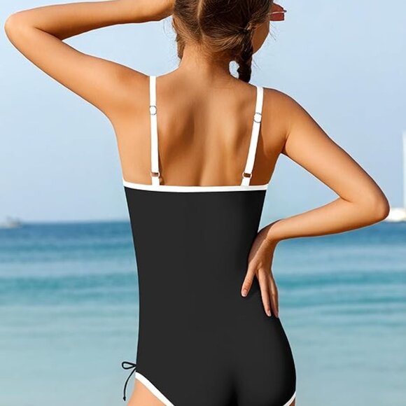 Girls Swimsuit One Piece Bathing Suit Color Block Black/White Size 11-12 years - Picture 2 of 7